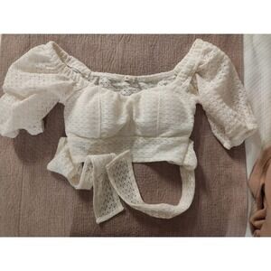 White Three-Quarter Sleeve Crop Top with Back Bow